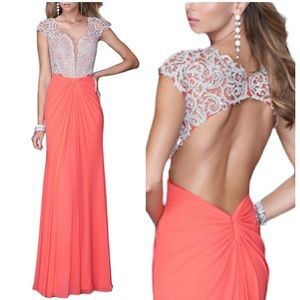 LA FEMME Pink Grapefruit & Lace Embroidered Cutout Back Gown NEW Size 4 Dress